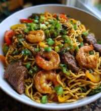 steak shrimp teriyaki noodles