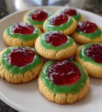 grinch thumbprint raspberry cookies