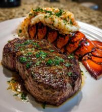 steak and lobster plating
